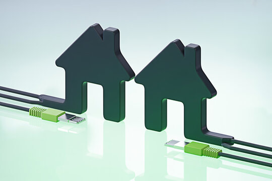 Two connected houses symbolize smart home technology and modern network infrastructure