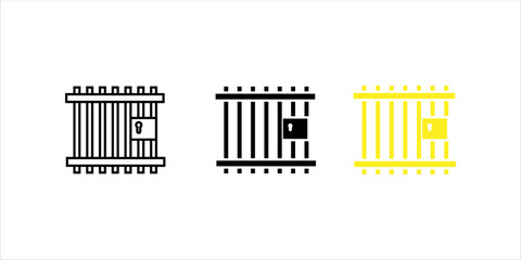 Obraz premium Prison or jail silhouette symbol. Metal cage with bars and lock. Crime justice or punishment icon. Vector black shape isolated on white background.