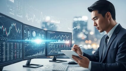 focused professional in suit analyzes financial data on tablet surrounded by multiple monitors displaying intricate charts and graphs with holographic projections in modern office - Powered by Adobe
