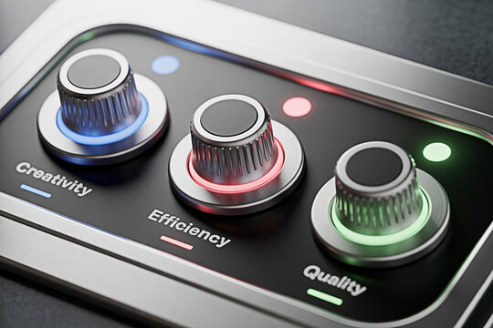 Control panel with knobs for creativity efficiency and quality in a modern design concept image