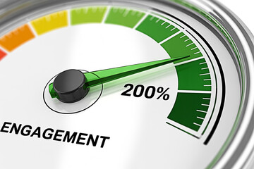 Engagement meter showing 200 percent performance indicating high success and achievement levels