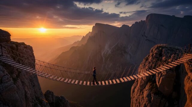 lone figure crosses precarious rope suspension bridge between two towering cliffs at sunset The sky glows orange as distant mountains fade into hazy horizon