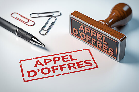 Close up of appel d'offres stamp with pen and paperclips on a white surface for business concepts