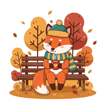 A charming cute fox wearing a striped scarf and cozy winter hat sits on a bench in an autumn setting, sipping warm cocoa in a vibrant flat 2D vector illustration.
