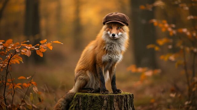 Stylish fox wearing a vintage flat cap, sitting on a tree stump, warm autumn tones, sophisticated and rustic
