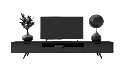 Modern home entertainment center showcased against a black backdrop, featuring a sleek, dark-toned television, flanked by decorative elements like an elegant vase with foliage and a stylish black...