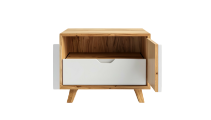 Modern, minimalist wooden bedside cabinet with a white drawer, one door open, and a simple, clean aesthetic, providing a view into the interior.
