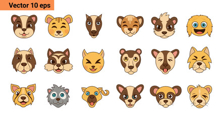 Obraz premium Collection of Adorable Animal Faces Cartoon Vector Illustrations.