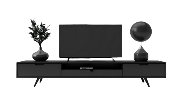 Modern home entertainment center showcased against a black backdrop, featuring a sleek, dark-toned television, flanked by decorative elements like an elegant vase with foliage and a stylish black...
