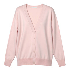 A soft, pastel pink cardigan is displayed on a dark background, showcasing a classic V-neck design with button closures and ribbed cuffs, creating a simple yet fashionable garment presentation that...