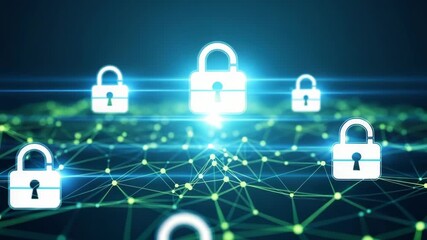 Multiple white padlock icons float above dark blue digital landscape featuring an intricate network of glowing green lines and nodes with bright central blue light - Powered by Adobe