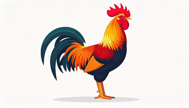 Pixelated Rooster Illustration with Vibrant Plumage on White Background Digital Art with Detailed Feather Texture and Golden Yellow Accents Isometric View - Powered by Adobe