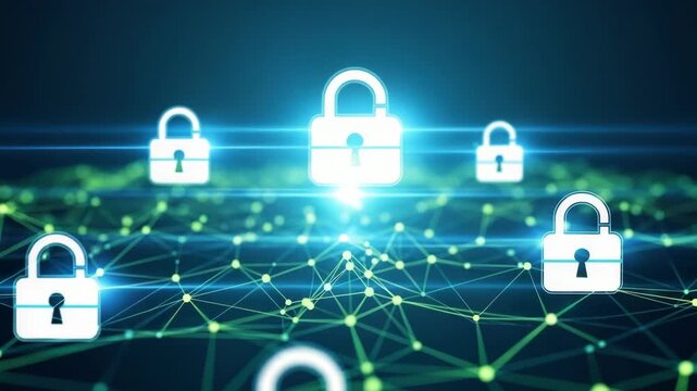 Multiple white padlock icons float above dark blue digital landscape featuring an intricate network of glowing green lines and nodes with bright central blue light - Powered by Adobe