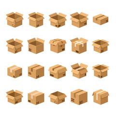 Collection of Cardboard Boxes in Various Open and Closed States.