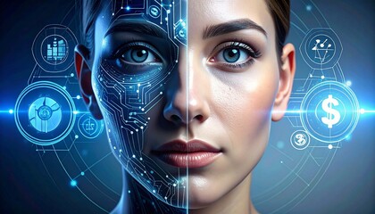 represents the fusion of artificial intelligence (AI) and humans, technology and identity, and the concept of a digital future. Suitable for themes such as innovation, technology, big data, cybersecus
