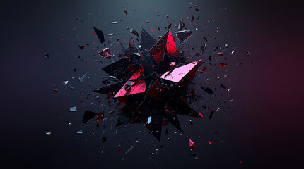A shattered red and black geometric crystal exploding on a dark background.
