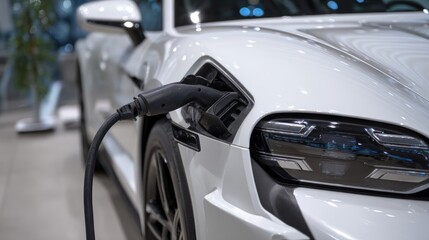 Obraz premium Electric vehicle charging station with modern car interior detail