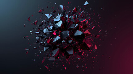 A shattered red and black geometric crystal exploding on a dark background.
