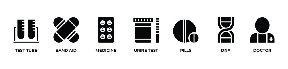 From Test Tubes to DNA Icons set vector illustration glyph with  TEST TUBE, BAND AID, MEDICINE, URINE TEST, PILLS, DNA, DOCTOR