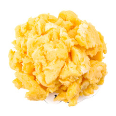 Freshly scrambled eggs, a breakfast staple, presented on a small white plate against a stark black background.