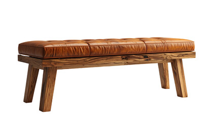 Detailed  shot depicts a handcrafted bench with a brown leather upholstered seat and rustic wooden legs, set against a stark black backdrop, showcasing the textures and rich tones of the furniture,...
