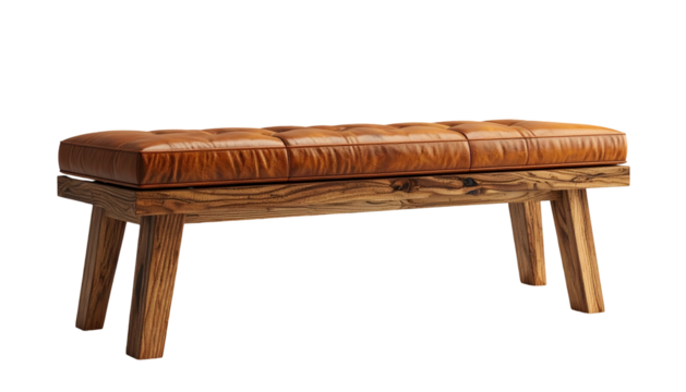 Detailed  shot depicts a handcrafted bench with a brown leather upholstered seat and rustic wooden legs, set against a stark black backdrop, showcasing the textures and rich tones of the furniture,...