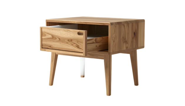 Detailed  shot of a modern wooden nightstand, with the drawer slightly ajar, showcasing natural wood grain and warm tones against a stark black background for enhanced contrast and emphasis.