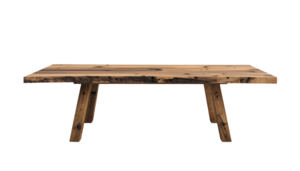 Wooden dining table, presented on a black backdrop, features a rustic design with visible grain and a natural finish.