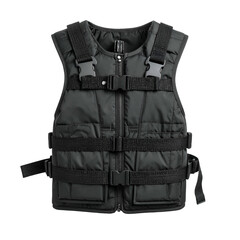 A tactical black quilted vest is displayed against a black background, featuring multiple straps, buckles, and a zipper closure, showcasing details like pocket placement and overall design elements...