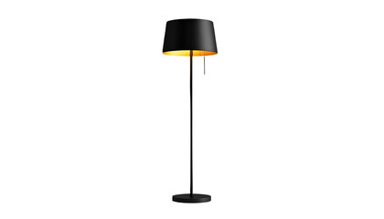 Elegant floor lamp with a black lampshade and a gold-colored interior illuminates the darkness.