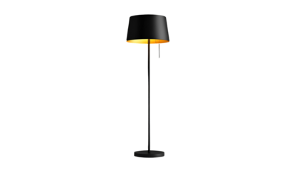 Elegant floor lamp with a black lampshade and a gold-colored interior illuminates the darkness.