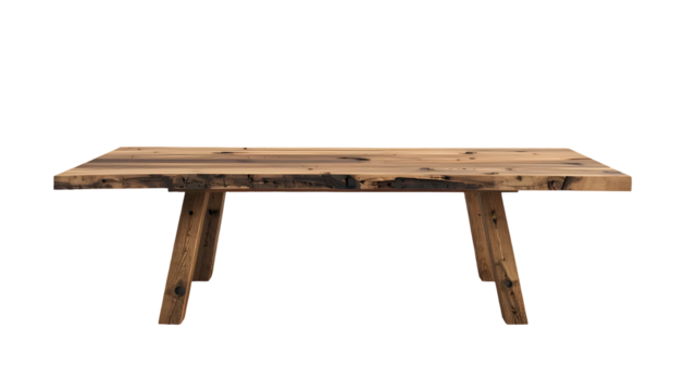 Wooden dining table, presented on a black backdrop, features a rustic design with visible grain and a natural finish.