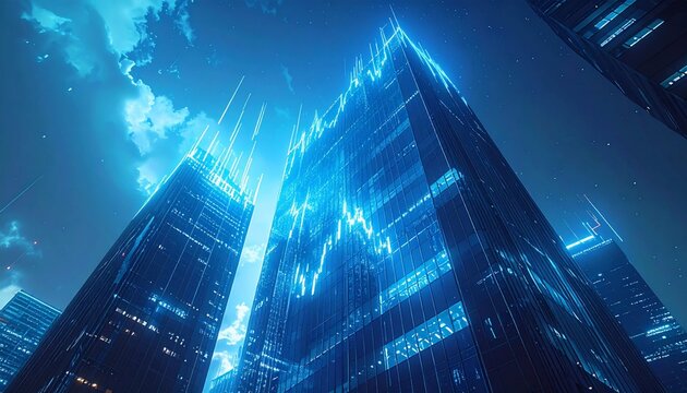A modern, illuminated space with futuristic digital data graphics, symbolizing technology, finance, and global business. A dramatic night sky with clouds and stars creates a powerful atmosphere