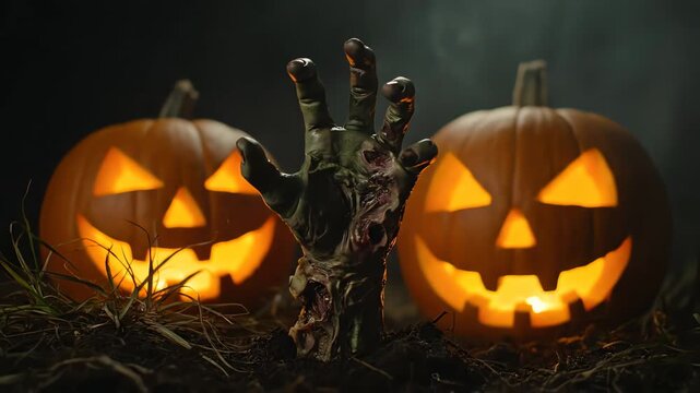 A creepy zombie hand rising between two glowing carved pumpkins in a spooky Halloween display against a dark, smoky background, creating a moody and eerie scene with cinematic lighting.