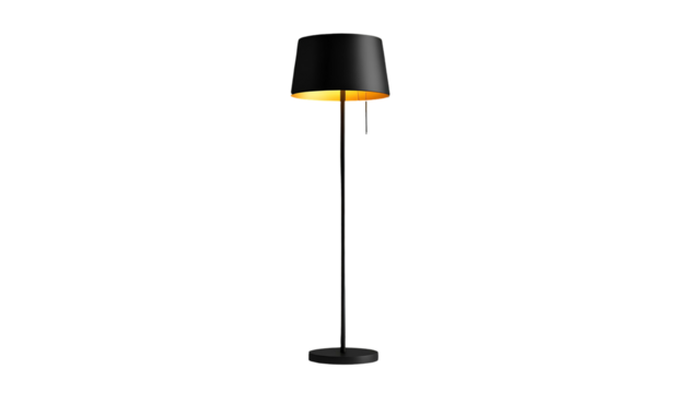 Elegant floor lamp with a black lampshade and a gold-colored interior illuminates the darkness.