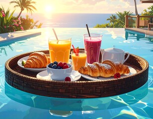 Breakfast in Pool: Luxury Breakfast, Sunny Morning, Tropical Island Resort