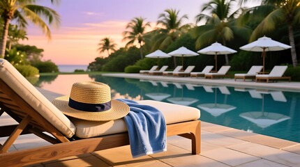 Obraz premium Serene Tropical Poolside View with Lounge Chair and Stunning Sunset