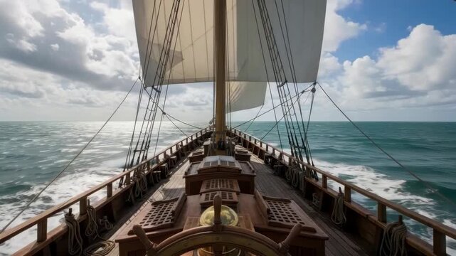 View from large wooden sailing vessels deck looking forward White sails billow guiding the ship through turbulent blue-green ocean A partly cloudy sky with bright patches overhead completes the scene