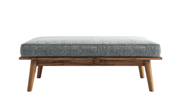 Stylish and modern rectangular ottoman with a light gray upholstered cushion and wooden legs, positioned on a solid black background, offering a sleek and minimalist design aesthetic.