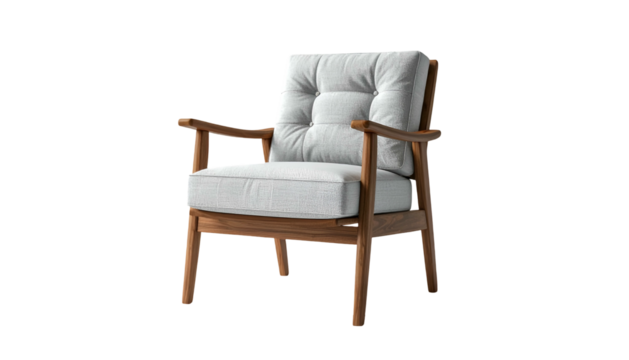 Comfortable armchair with a wooden frame features a tufted light-colored seat and backrest, exuding a modern design.
