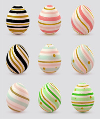 Nine stylized striped Easter eggs with gold glitter accents