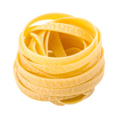 A   shot presents a beautifully arranged nest of dried tagliatelle pasta, revealing the intricate texture and creamy yellow color against a stark black background, emphasizing the food's shape and...