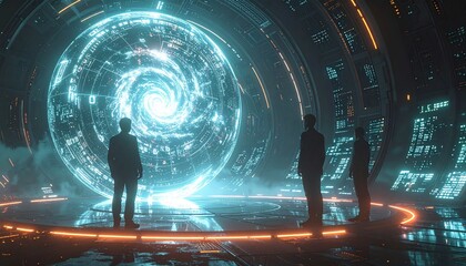 Three people stand in front of a futuristic, glowing energy portal in a dark room filled with advanced technology. This science fiction concept depicts time travel, time travel, and space travel