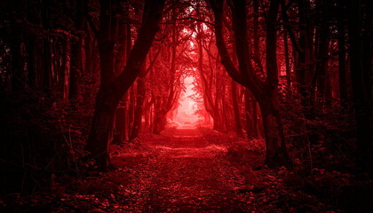 Atmospheric photo of a dark red forest, eerie lighting, and creepy surreal ambiance, evoking fantasy or horror vibes in a moody autumn landscape.