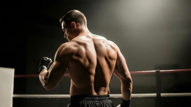 muscular male fighter stands in boxing ring seen from behind His powerful defined back and arm muscles are highlighted by spotlight with black wraps on his hands ready for action
