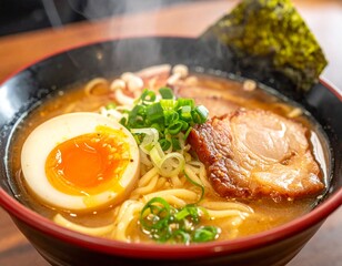 湯気が立つチャーシューと煮卵が主役の醤油ラーメン