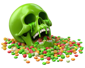 Green skull with slime dripping and candy stuck, surrounded by colorful candy balls, creates playful and spooky Halloween vibe, perfect for festive and creative designs