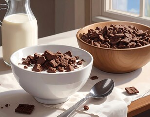 Breakfast Scene: Bowl of Chocolate Cereal with Milk, Spoon, and Wooden Bowl