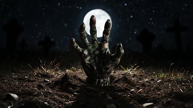 A ghoulish zombie hand rising from the dirt in a graveyard under a full moon, presented with dramatic cinematic lighting and dark tones to evoke a sense of horror and suspense, with tombstones