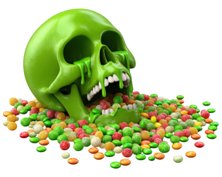 Green skull with slime dripping and candy stuck, surrounded by colorful candy balls, creates playful and spooky Halloween vibe, perfect for festive and creative designs